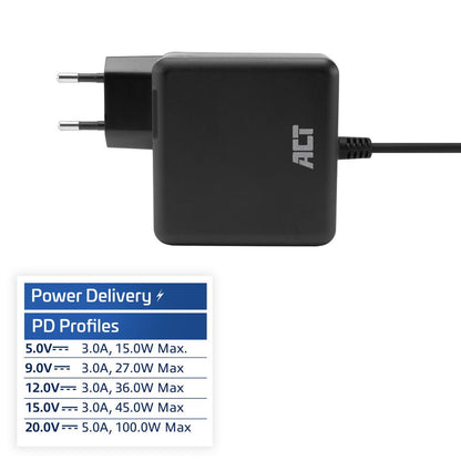 ACT AC2015 | 100W USB-C Laptoplader | Power Delivery | Vaste 2 Meter USB-C Kabel