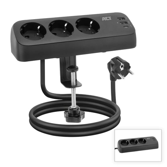 ACT AC2480 | Stekkerdoos | 3 Stopcontacten met 2x USB-A en 1x USB-C | 1,5 m | Zwart - Matmuis - Matmuis