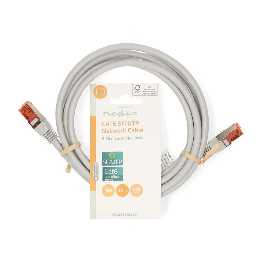 Nedis CCGL85220GY20 | Netwerkkabel Cat6 SF/UTP | 2 m | Grijs | RJ45 Male-naar-RJ45 Male - Matmuis - Matmuis