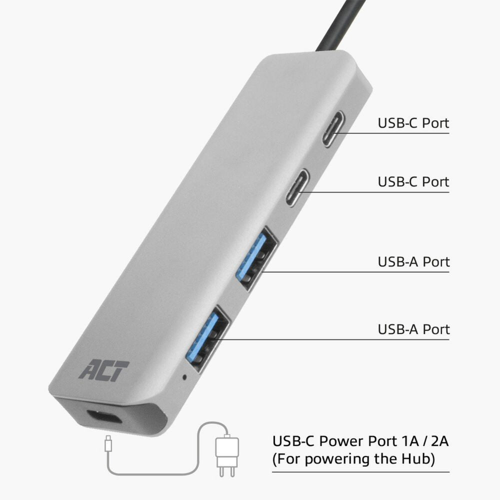 ACT AC7072 USB-C Hub 3.0 | 2x USB-A & 2x USB-C Poorten | 5 Gbps | Aluminium Behuizing | 12 cm Kabel - Matmuis - Matmuis