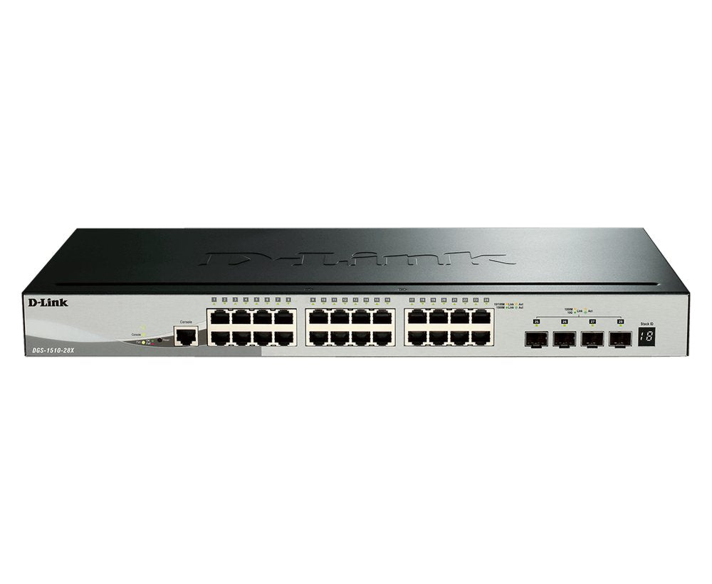 D-Link DGS-1510-28X | Managed L3 Stackable Smart Switch | 28 Poorten | Gigabit Ethernet (10/100/1000 Mbps) | 24x RJ45 + 4x SFP+ - Matmuis