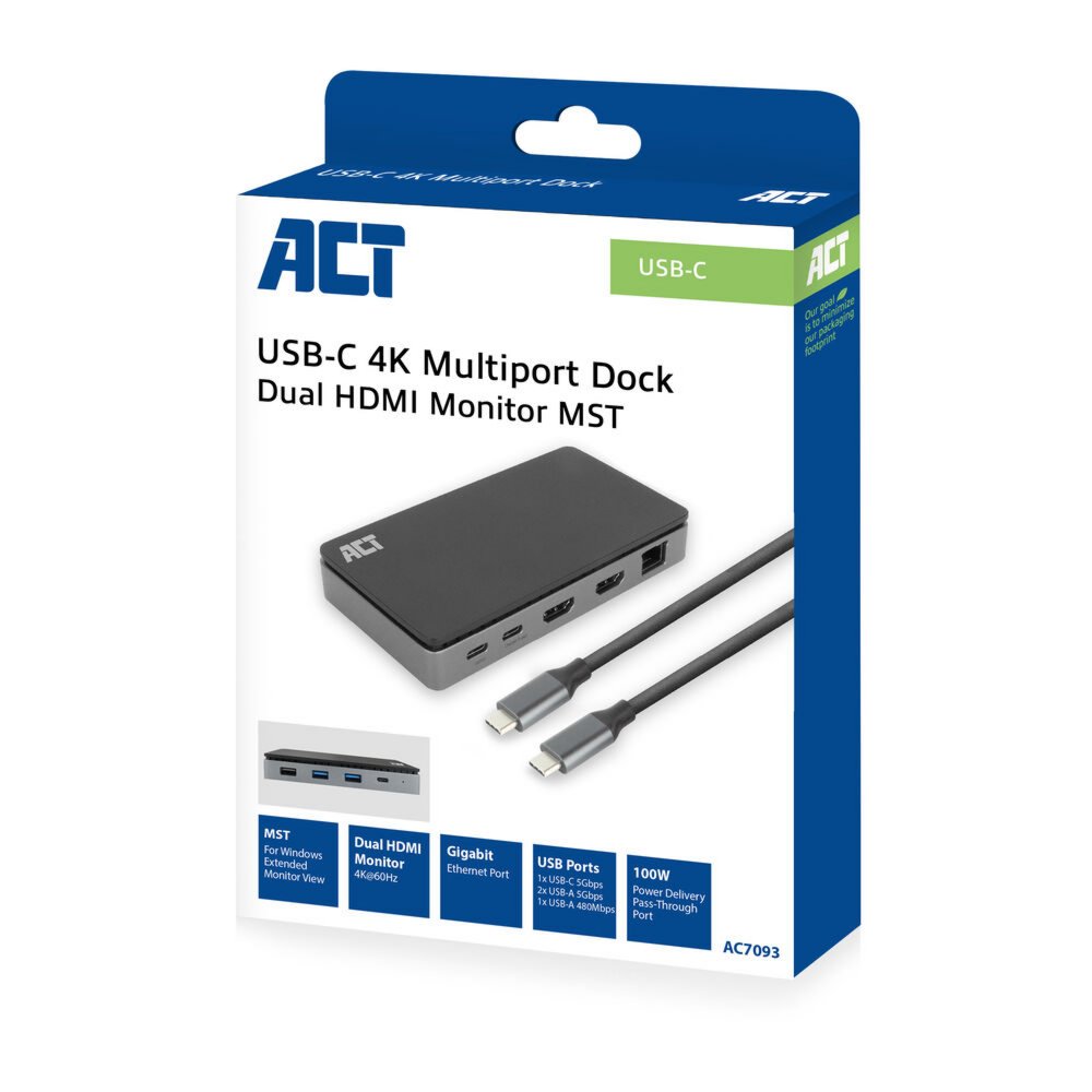 ACT AC7093 | USB-C 4K Docking Station | 2x HDMI + Ethernet + USB-C/USB-A + PD | 1m Kabel - Matmuis - Matmuis