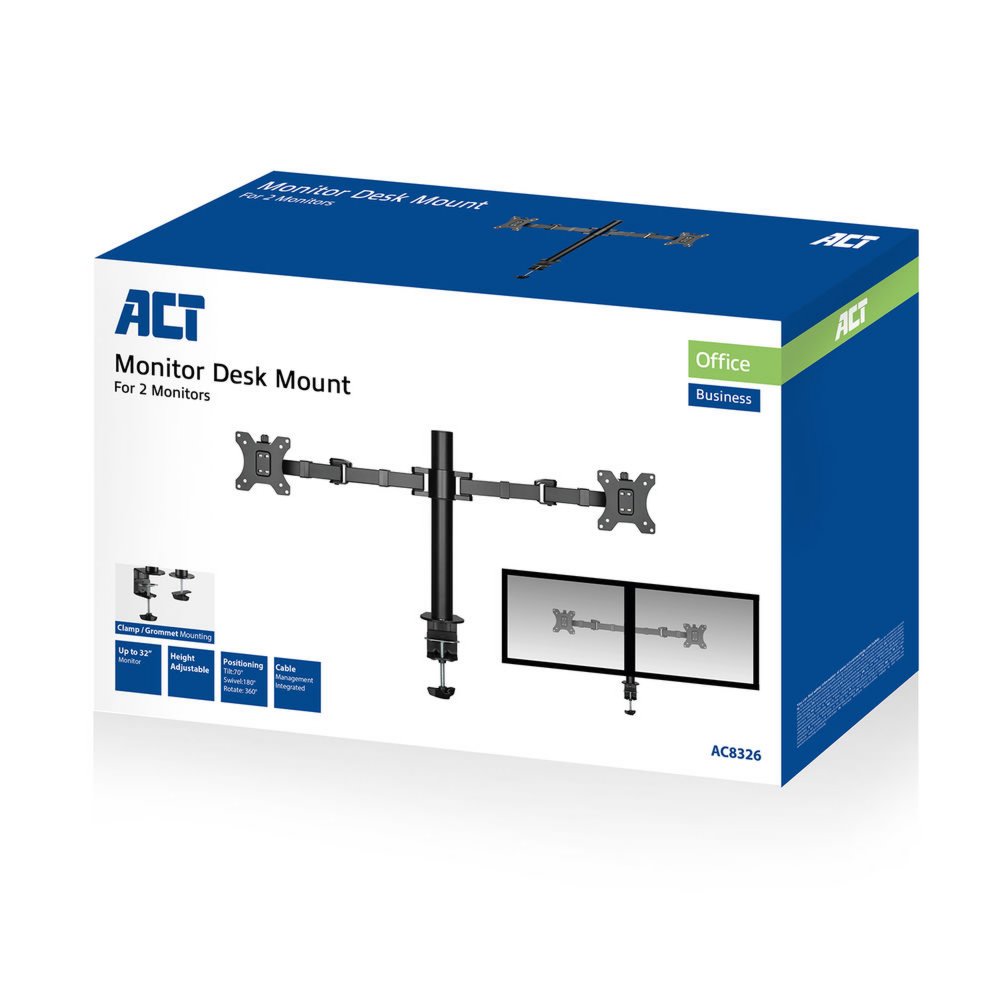 ACT AC8326 | Verstelbare Monitor-bureaubeugel | Tot 32" | Max 12kg | VESA 100x100 | 2 Monitoren | OPEN BOX - Matmuis