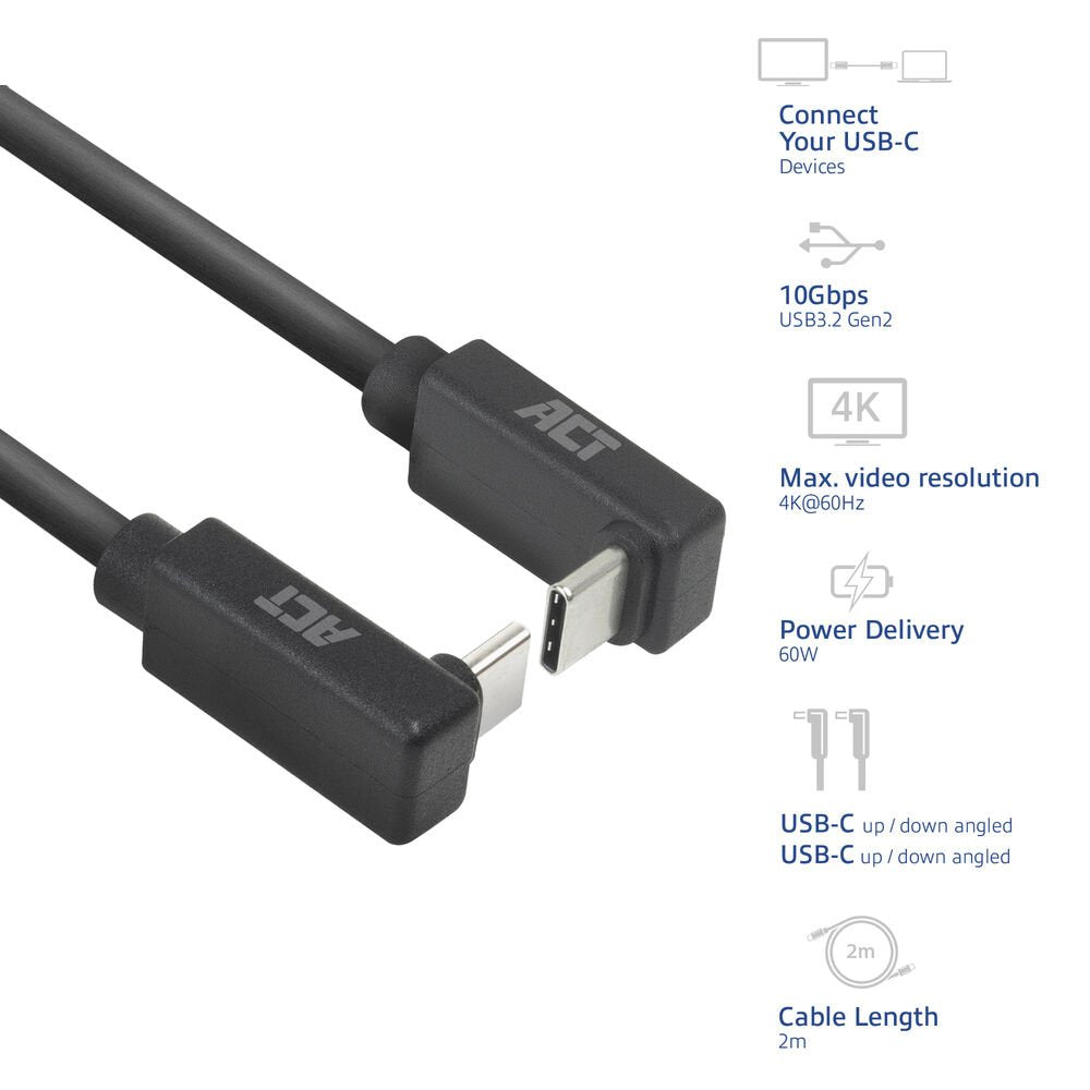 ACT AC7478 | USB 3.2 Gen 2 Kabel | USB-C (haaks boven/beneden) naar USB-C (haaks boven/beneden) | 60W | 10Gbps | 2m | Zwart - Matmuis - Matmuis