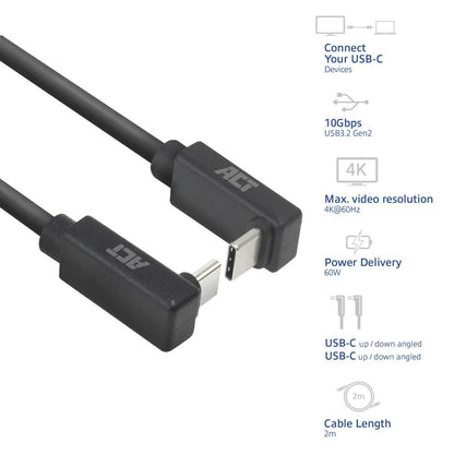 ACT AC7478 | USB 3.2 Gen 2 Kabel | USB-C (haaks boven/beneden) naar USB-C (haaks boven/beneden) | 60W | 10Gbps | 2m | Zwart - Matmuis - Matmuis