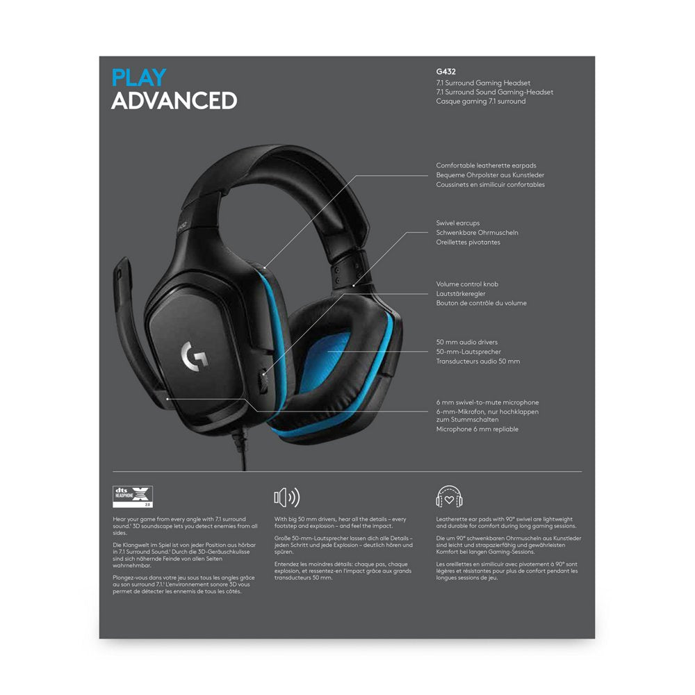 Logitech G432 | Bedrade Over-ear Gaming Headset 3.5mm Connector | 7.1 Surround | Zwart/Blauw - Matmuis - Matmuis