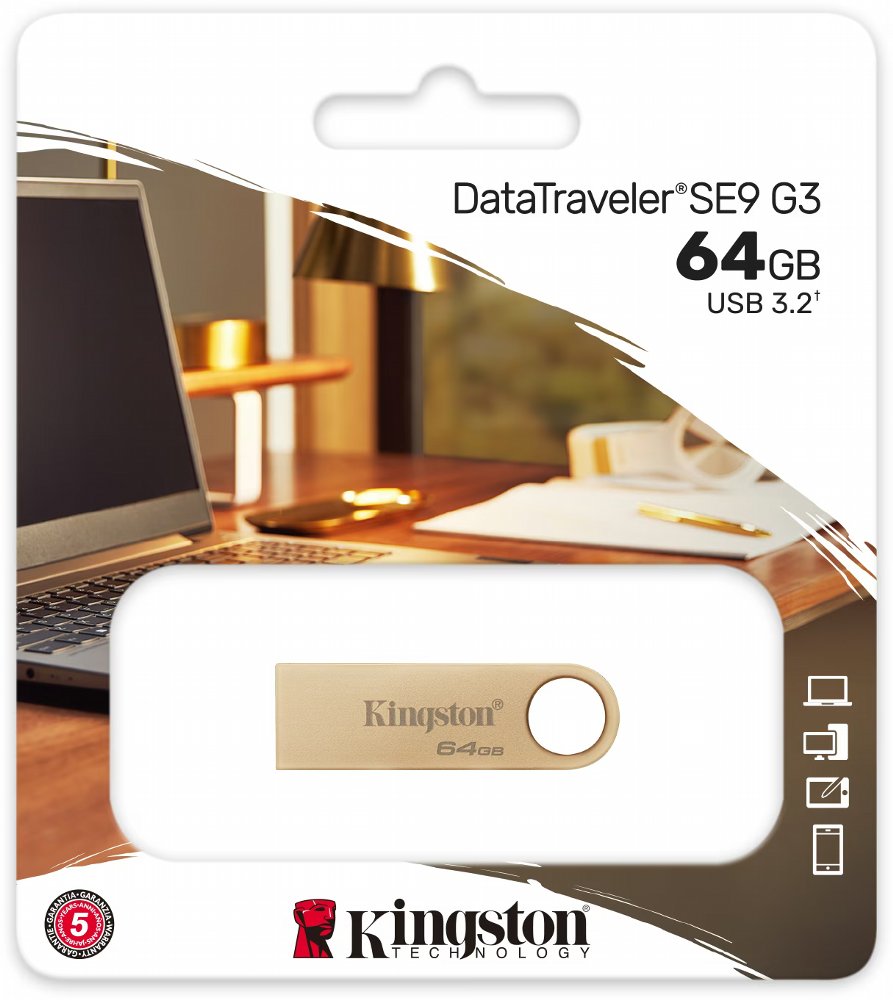 Kingston DataTraveler SE9 G3 | 64GB USB Stick | USB 3.2 Gen 1 | 220 MB/s | Goud - Matmuis - Matmuis