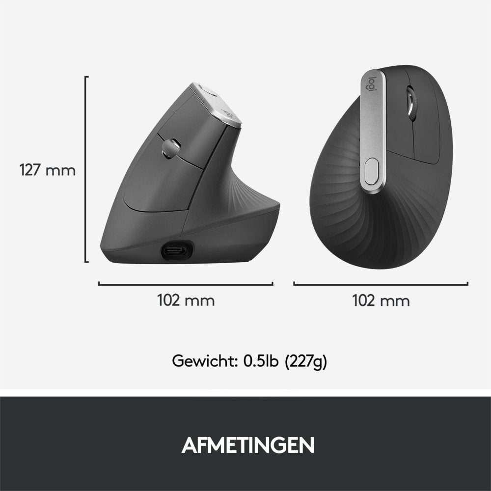 Logitech MX Vertical | Draadloze Ergonomische Muis | Rechtshandig | RF + Bluetooth + USB-C | 4000 DPI suggestie | Grafiet - Matmuis - Matmuis