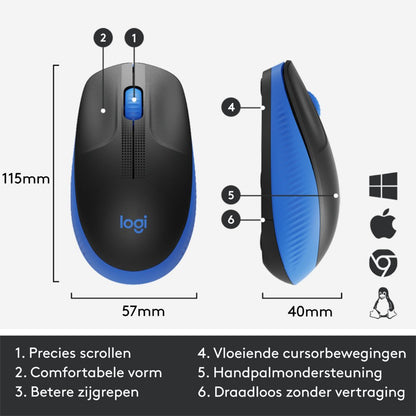 Logitech M190 | Draadloze Muis | Links- en Rechtshandig | RF | 1000 DPI | Zwart/Blauw - Matmuis - Matmuis