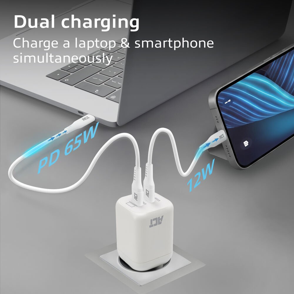 ACT AC2175 | 100W USB-C-lader | 2× USB-C | Power Delivery 3.2 | PPS & AVS | GaNFast