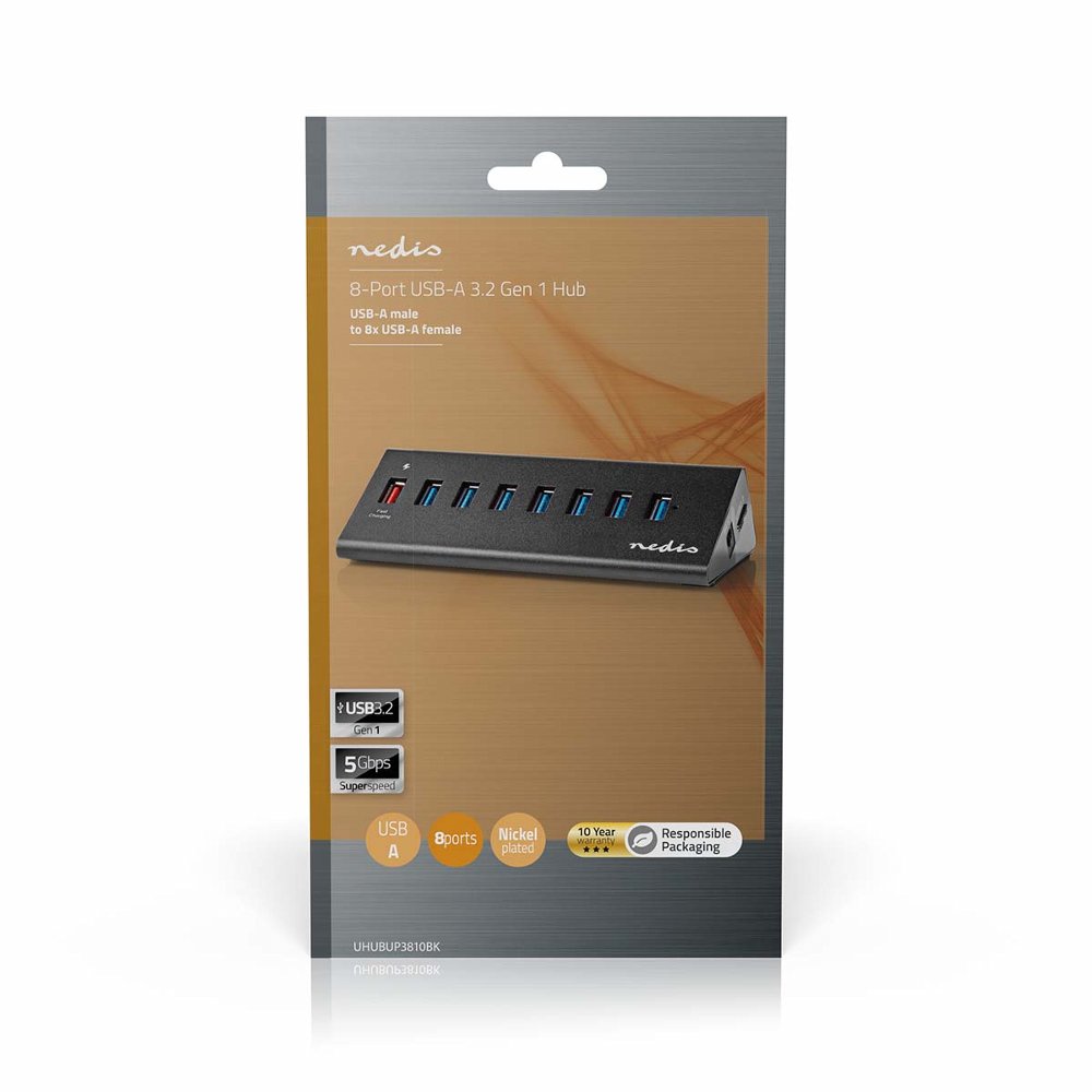 Nedis UHUBUP3810BK interface hub USB 3.2 Gen 1 (3.1 Gen 1) | 8 poorten | Zwart - Matmuis