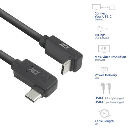 ACT AC7482 | USB 3.2 Gen 2 Kabel | USB-C (haaks links/rechts) naar USB-C (haaks boven/beneden) | 60W | 10Gbps | 2m | Zwart - Matmuis - Matmuis