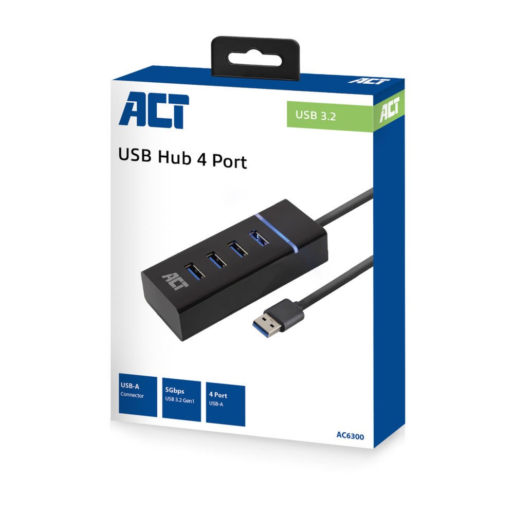 ACT AC6300 | USB 3.2 Gen 1 Interface Hub | Type-A | 5 Gbps | Zwart - Matmuis - Matmuis