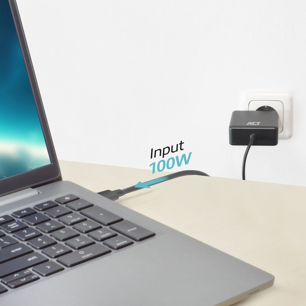 ACT AC2015 | 100W USB-C Laptoplader | Power Delivery | Vaste 2 Meter USB-C Kabel