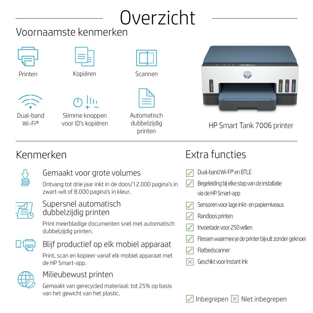 HP Smart Tank 7006 | All-in-One Inkjetprinter | 4800 x 1200 DPI | Wi-Fi | Kleur - Matmuis - Matmuis