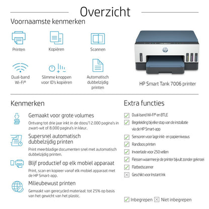 HP Smart Tank 7006 | All-in-One Inkjetprinter | 4800 x 1200 DPI | Wi-Fi | Kleur - Matmuis - Matmuis