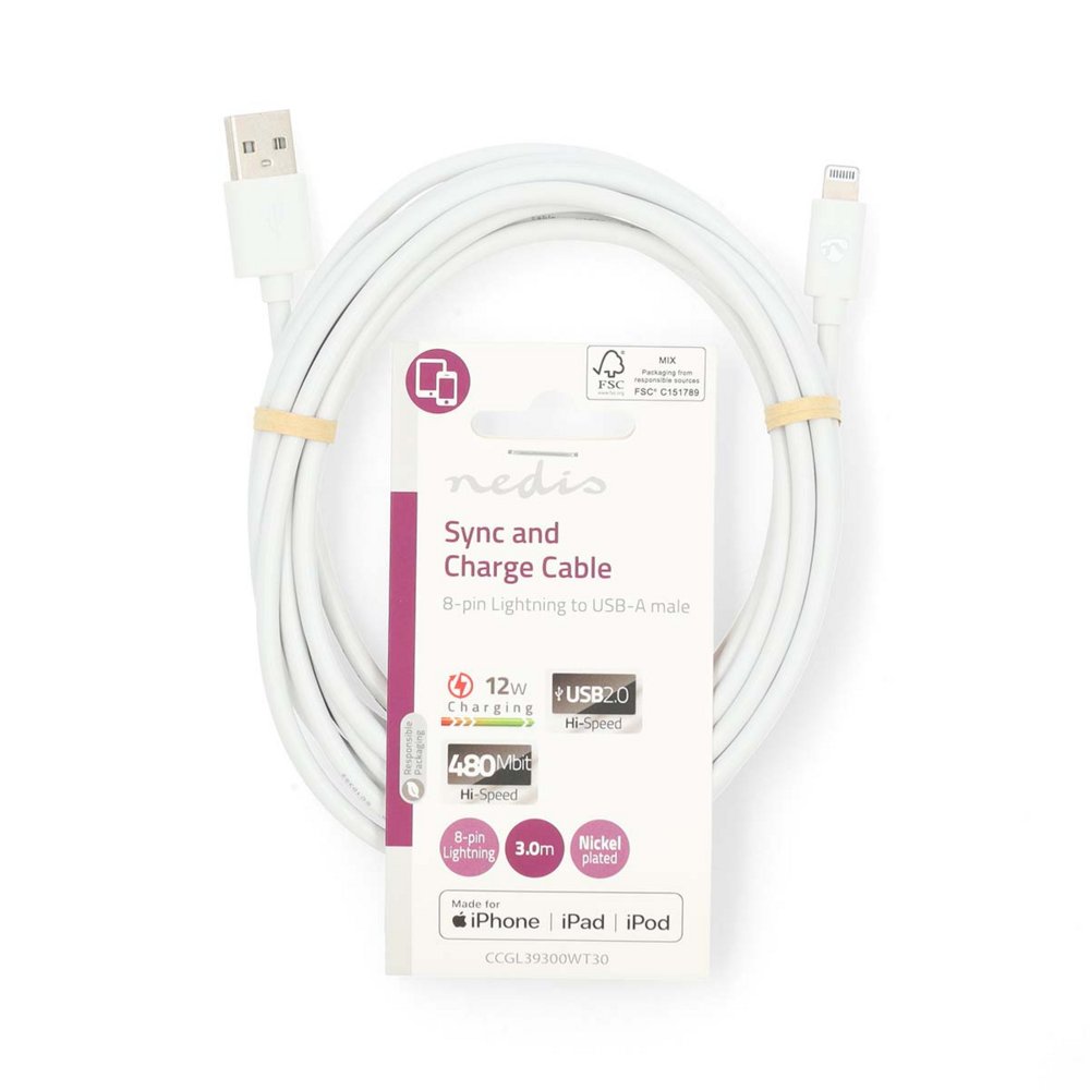 Nedis CCGL39300WT30 | Lightning-naar-USB-A kabel | 3 m | Lightning Male naar USB-A Male | Opladen en synchroniseren | Wit - Matmuis - Matmuis