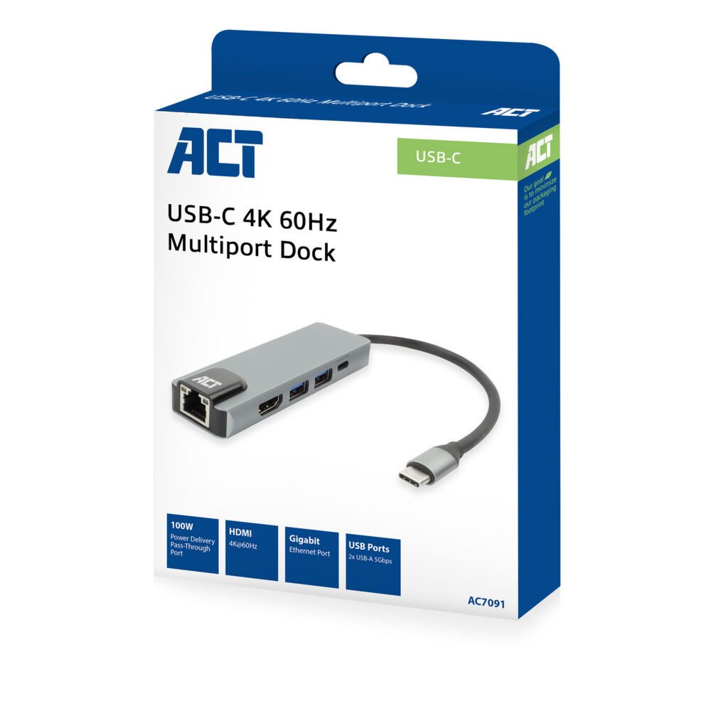 ACT AC7091 | USB-C 4K Docking Station | HDMI 2.0 (4K@60 Hz) + Gigabit Ethernet + 2x USB-A + USB-C PD Pass-Through | Aluminium | Grijs/Zilver - Matmuis - Matmuis