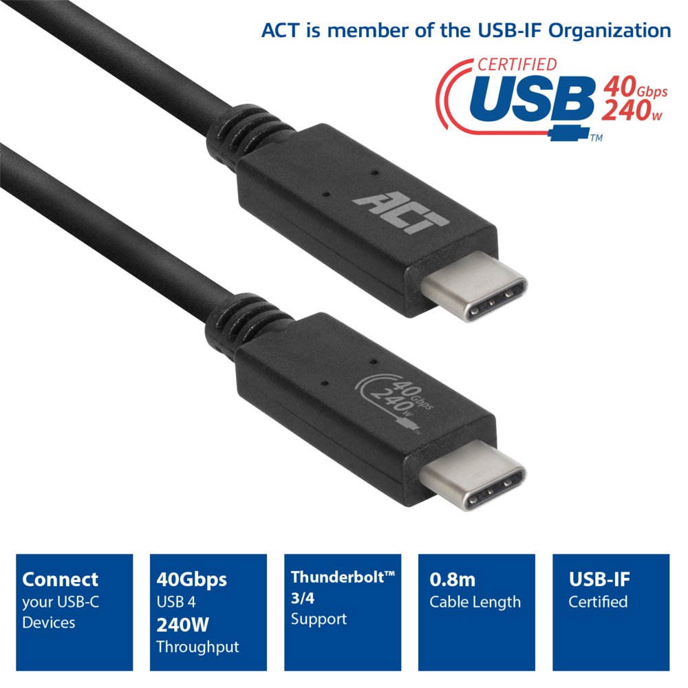 ACT AC7451 | USB4 Gen 3x2 Kabel | USB-C naar USB-C | 0.8m | Zwart - Matmuis - Matmuis