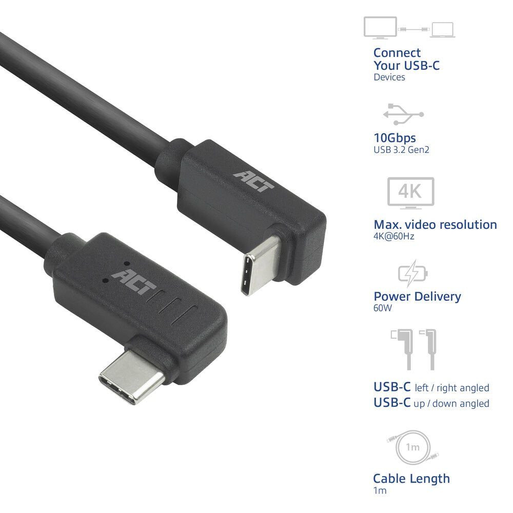 ACT AC7481 | USB 3.2 Gen 2 Kabel | USB-C (haaks links/rechts) naar USB-C (haaks boven/beneden) | 60W | 10Gbps | 1m | Zwart - Matmuis - Matmuis