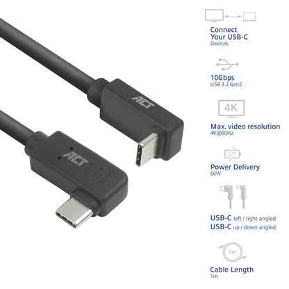 ACT AC7481 | USB 3.2 Gen 2 Kabel | USB-C (haaks links/rechts) naar USB-C (haaks boven/beneden) | 60W | 10Gbps | 1m | Zwart - Matmuis - Matmuis
