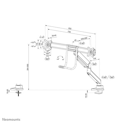 Neomounts Newstar DS75-450BL2 | In Hoogte Verstelbare Monitor-bureaubeugel | Tot 32" | Max 8kg | VESA 100x100 | 2 Monitoren - Matmuis - Matmuis