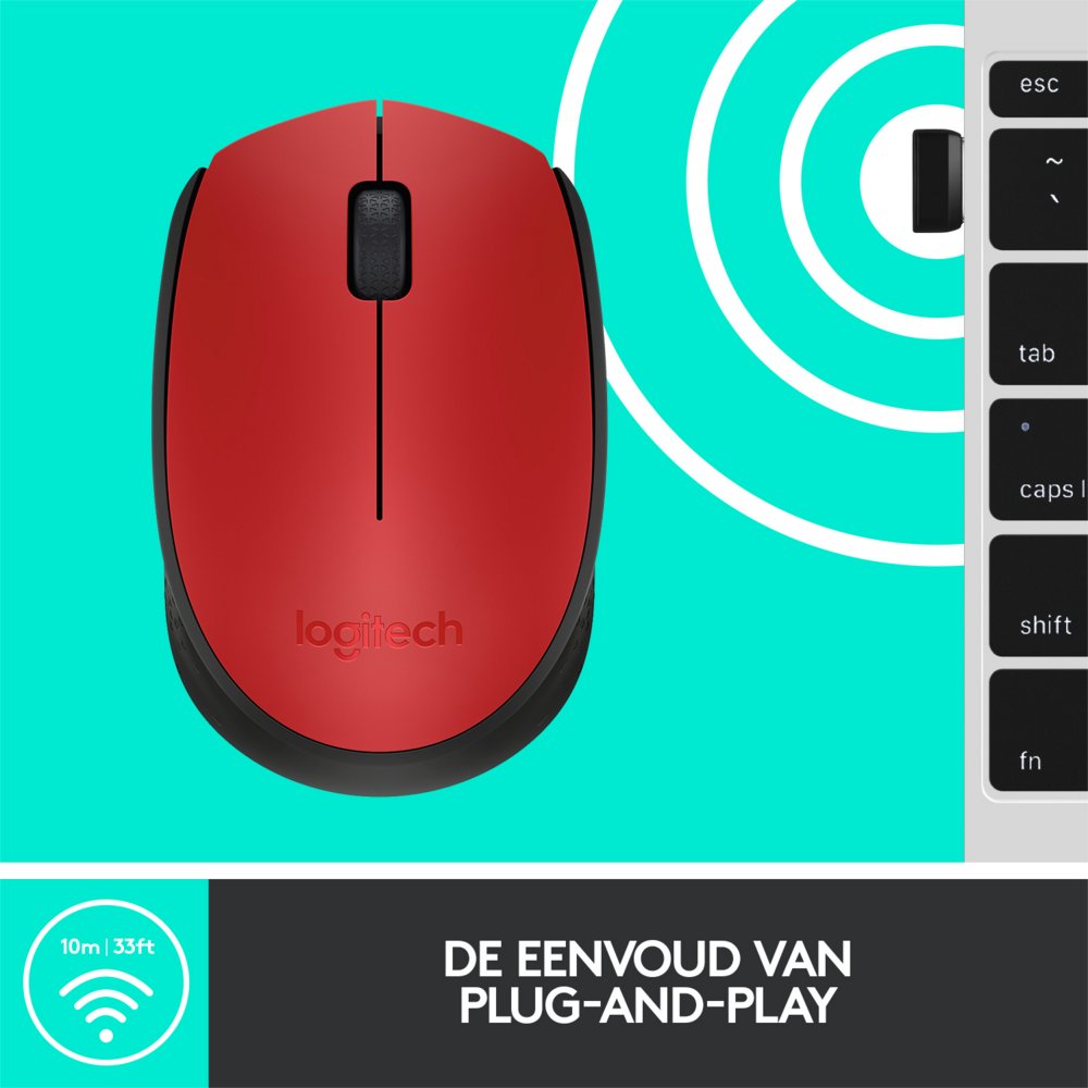 Logitech M171 | Draadloze Muis | Links- en Rechtshandig | RF | 1000 DPI | Rood/Zwart - Matmuis - Matmuis