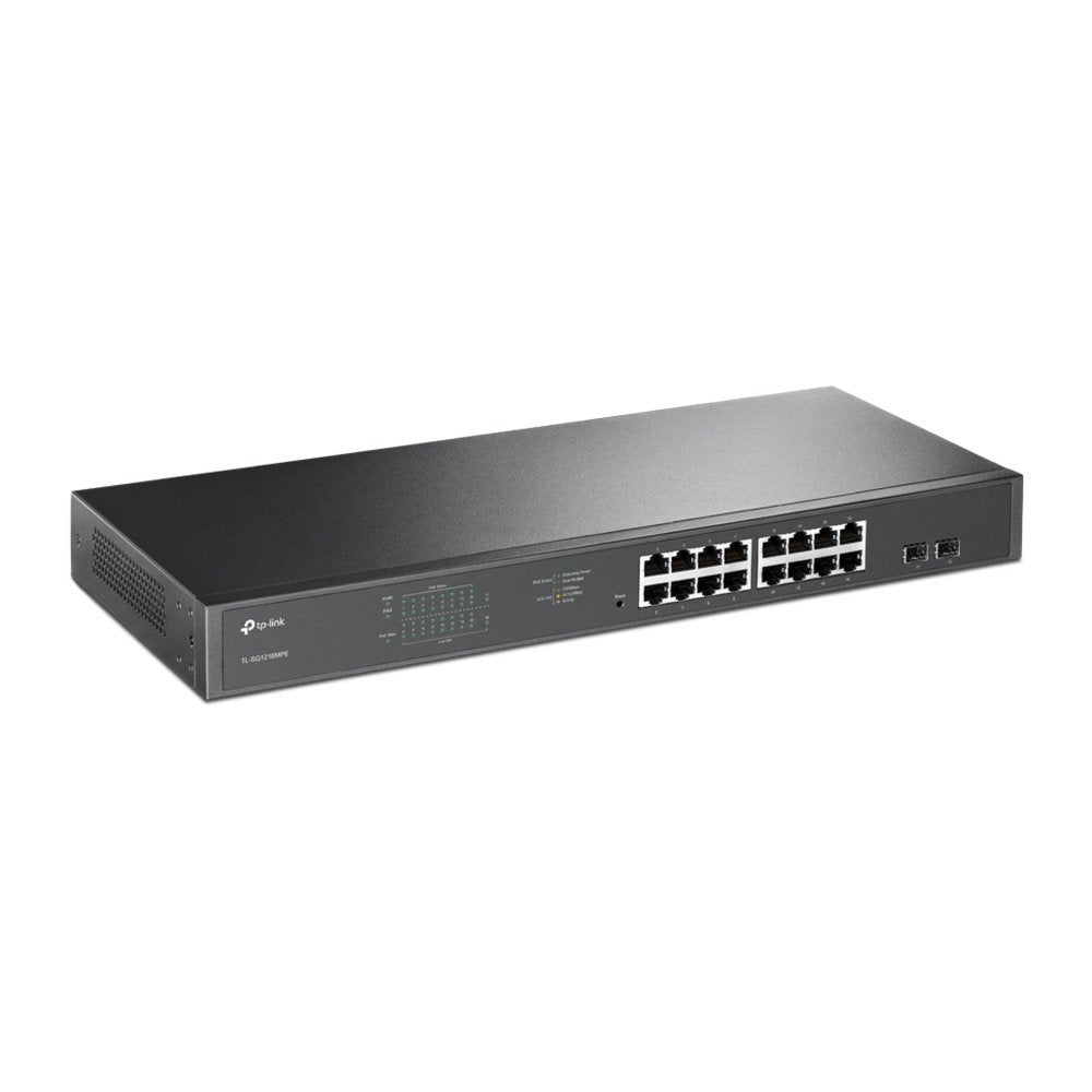 TP-Link TL-SG1218MPE | Managed Smart Switch | 18 Poorten | Gigabit Ethernet (10/100/1000 Mbps) | 16x PoE+ (192W) | 2x SFP | VLAN/QoS | Zwart - Matmuis