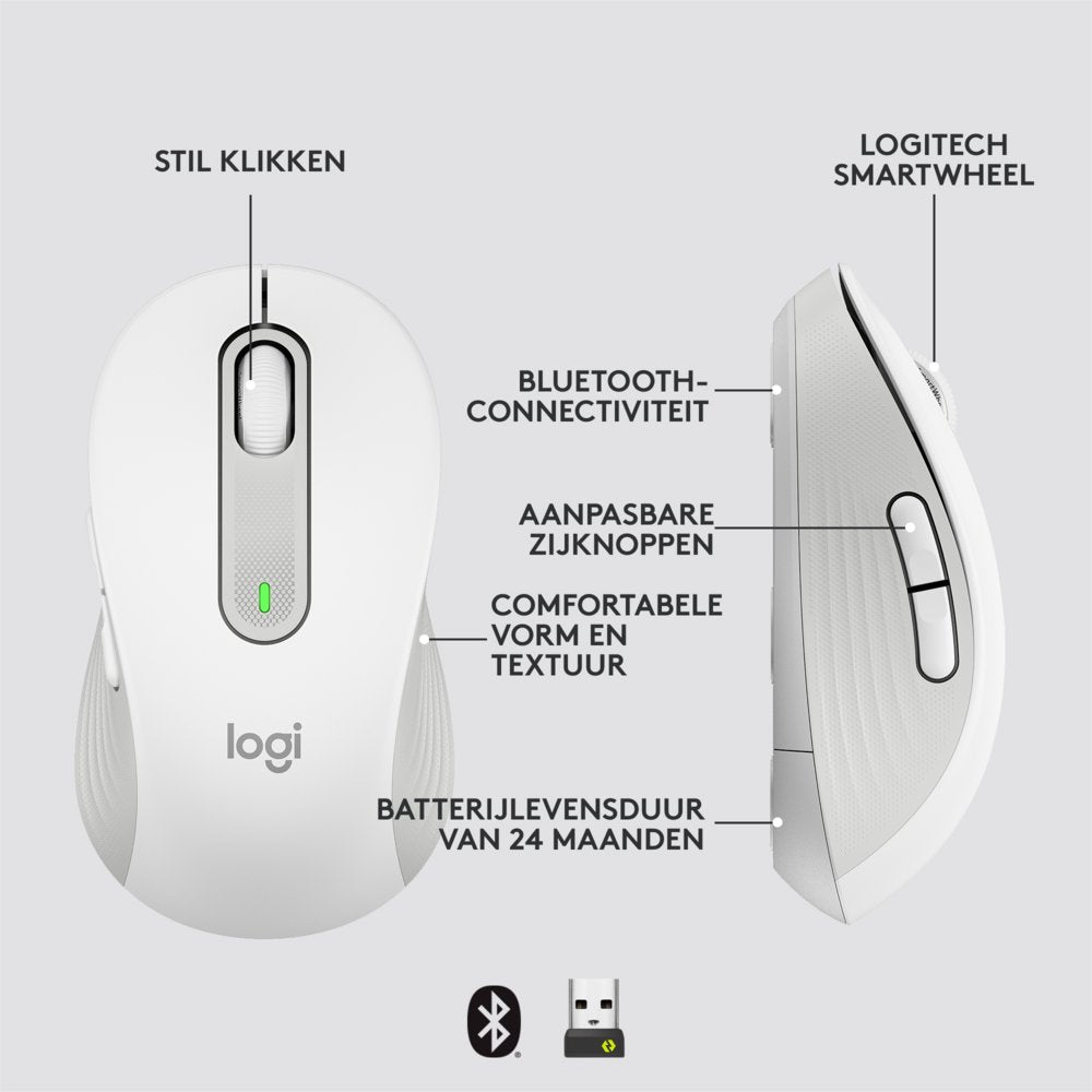 Logitech Signature M650 | Draadloze Muis | Rechtshandig | RF + Bluetooth | 2000 DPI | Wit - Matmuis - Matmuis