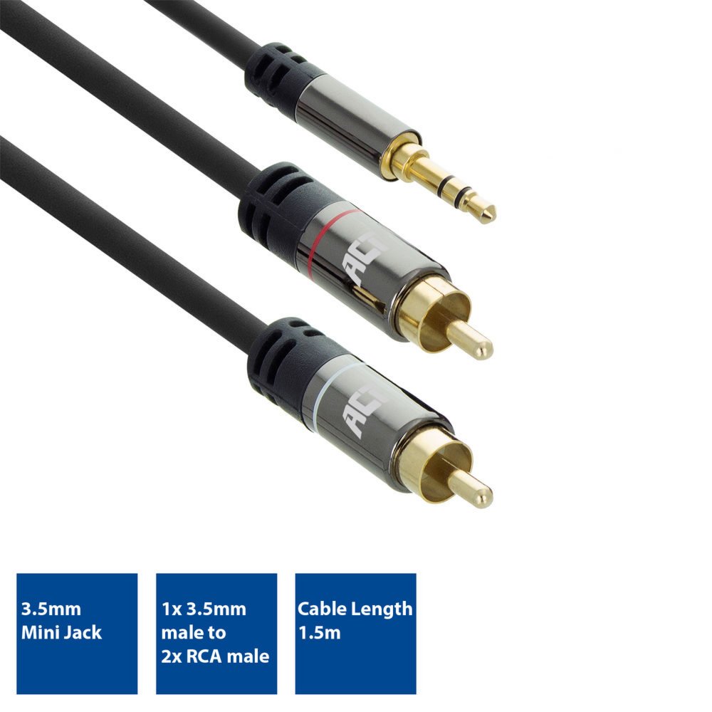 ACT AC3605 | 3.5mm naar 2x RCA Audiokabel | 1,5 Meter | Stereo | Zwart - Matmuis - Matmuis
