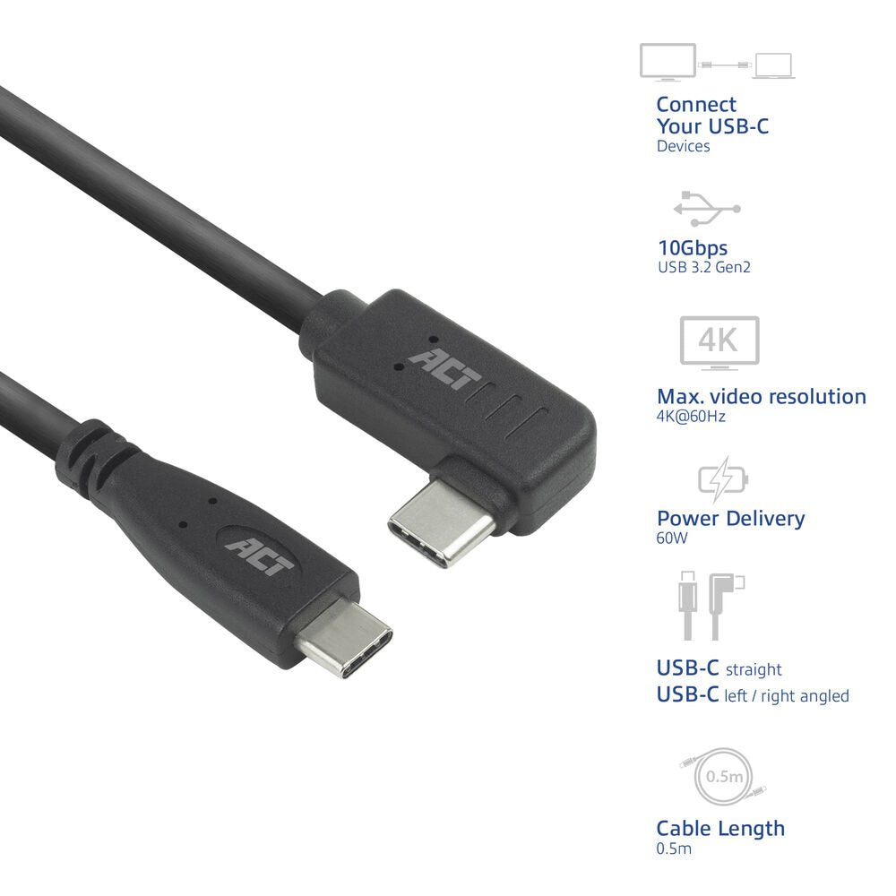 ACT AC7405 | USB 3.0 Kabel | USB-C (recht) naar USB-C (haaks) | 60W | 10Gbps | 0,5m | Zwart - Matmuis - Matmuis