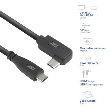 ACT AC7405 | USB 3.0 Kabel | USB-C (recht) naar USB-C (haaks) | 60W | 10Gbps | 0,5m | Zwart - Matmuis - Matmuis