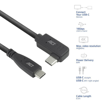 ACT AC7405 | USB 3.0 Kabel | USB-C (recht) naar USB-C (haaks) | 60W | 10Gbps | 0,5m | Zwart - Matmuis - Matmuis
