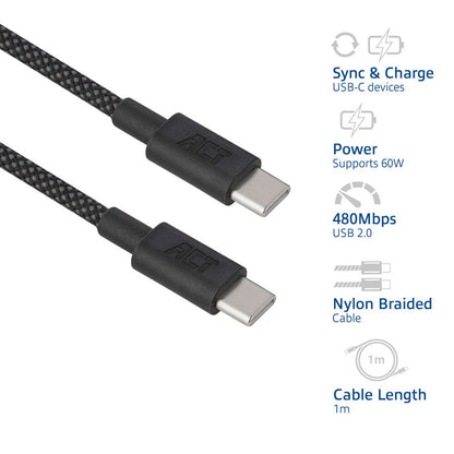 ACT AC3082 | USB 2.0 Kabel | USB-C naar USB-C | 60W | 480Mbps | Zwart | 1 Meter - Matmuis - Matmuis