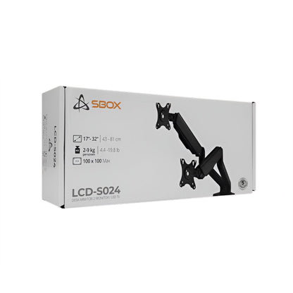 SBOX Flex LCD-S024-2 | Verstelbare Monitor-bureaubeugel | Tot 32" | Max 9kg | VESA 100x100 | 2 Monitoren - Matmuis - Matmuis