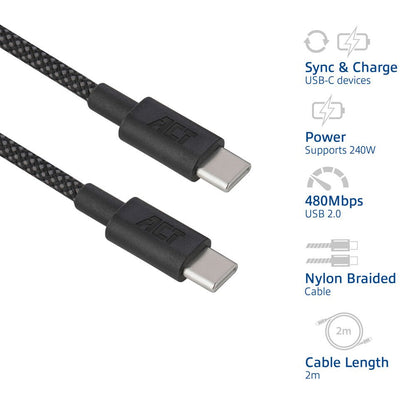 ACT AC3087 | USB 2.0 Kabel | USB-C naar USB-C | 240W | 480Mbps | Zwart | 2 Meter - Matmuis - Matmuis