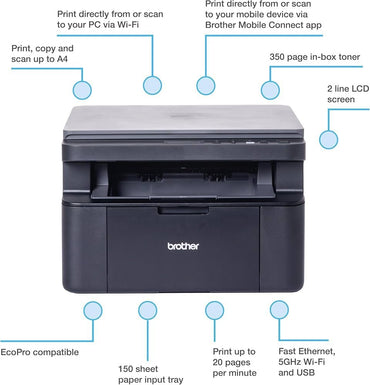 Brother DCP-L1640W | A4 | 600 × 600 DPI | Wi-Fi | Zwart-wit Multifunctionele Laserprinter