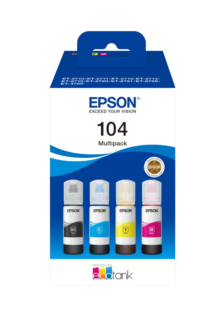 Epson 104 EcoTank Inktfles Multipack | Kleuren: Zwart, Cyaan, Magenta, Geel | Compatibel met Epson EcoTank-printers - Matmuis - Matmuis