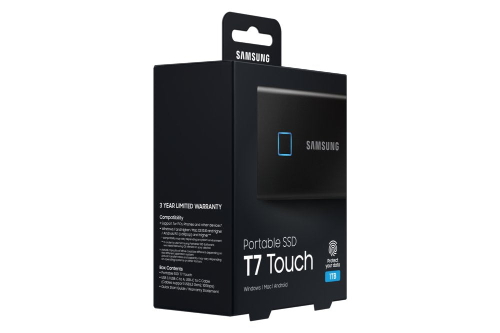 Samsung T7 Touch | Externe SSD | 1TB | USB 3.2 Gen2 | 1050 MB/s | Wachtwoordbeveiliging | Zwart | Compact en Veilig