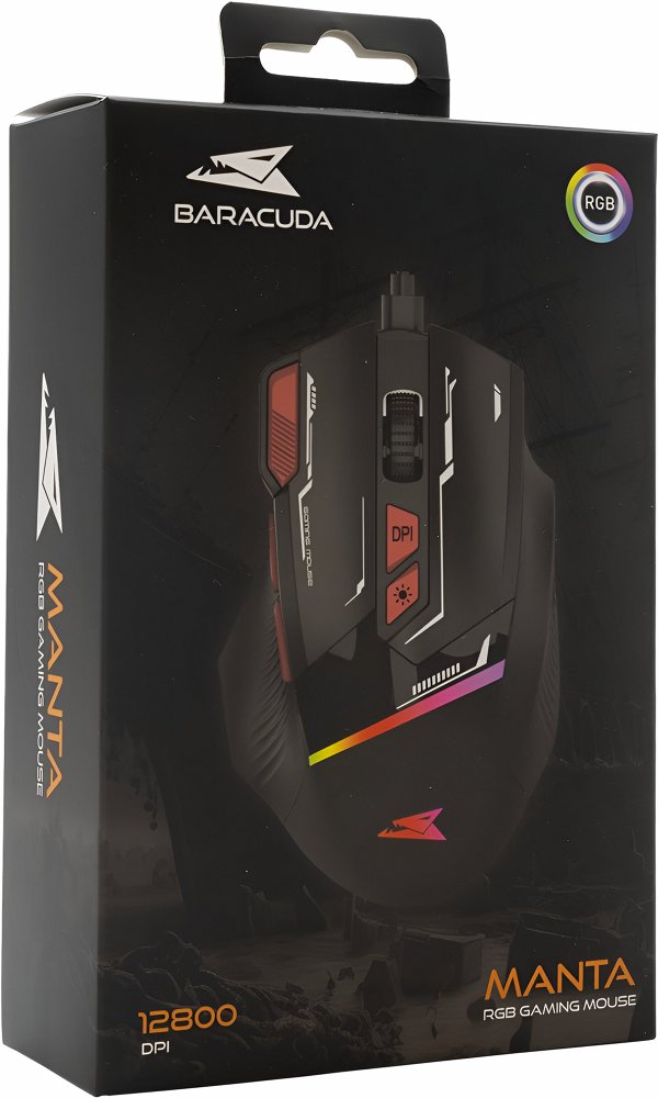 Baracuda MANTA RGB | Bekabelde Gaming Muis | Rechtshandig | USB-A | 12800 DPI | Zwart - Matmuis - Matmuis