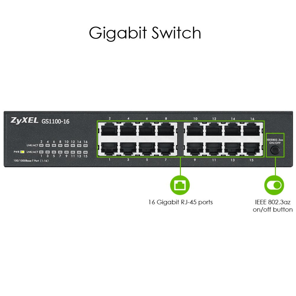 Zyxel GS1100-16 | Unmanaged Switch | 16-poorts Gigabit Ethernet | Zwart - Matmuis