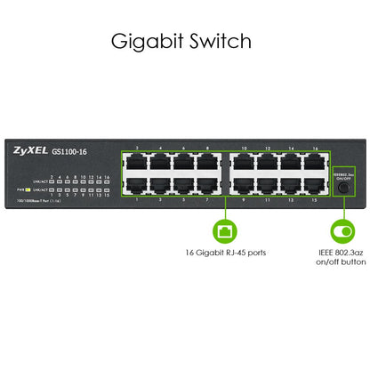 Zyxel GS1100-16 | Unmanaged Switch | 16-poorts Gigabit Ethernet | Zwart - Matmuis