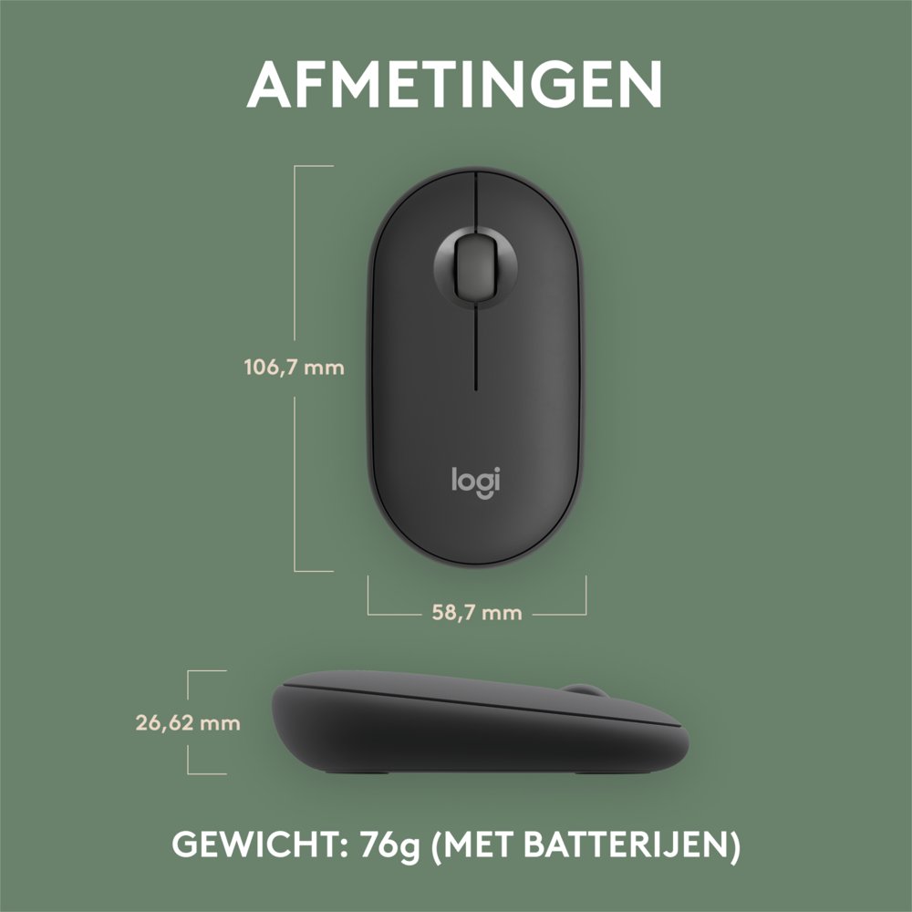 Logitech Pebble 2 M350s | Draadloze Muis | Links- en Rechtshandig | RF + Bluetooth | 4000 DPI | Grafiet - Matmuis - Matmuis