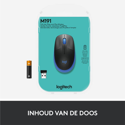 Logitech M190 | Draadloze Muis | Links- en Rechtshandig | RF | 1000 DPI | Zwart/Blauw - Matmuis - Matmuis