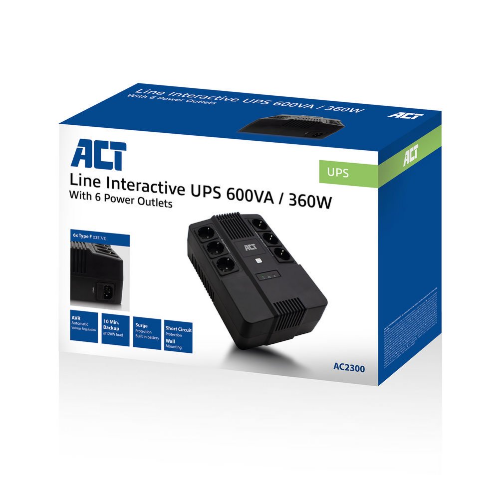 ACT AC2300 Line-Interactive UPS | 600 VA | 6 Stopcontacten (3 op Accu) | AVR Spanningstabilisatie | Netspanningsbeveiliging - Matmuis - Matmuis