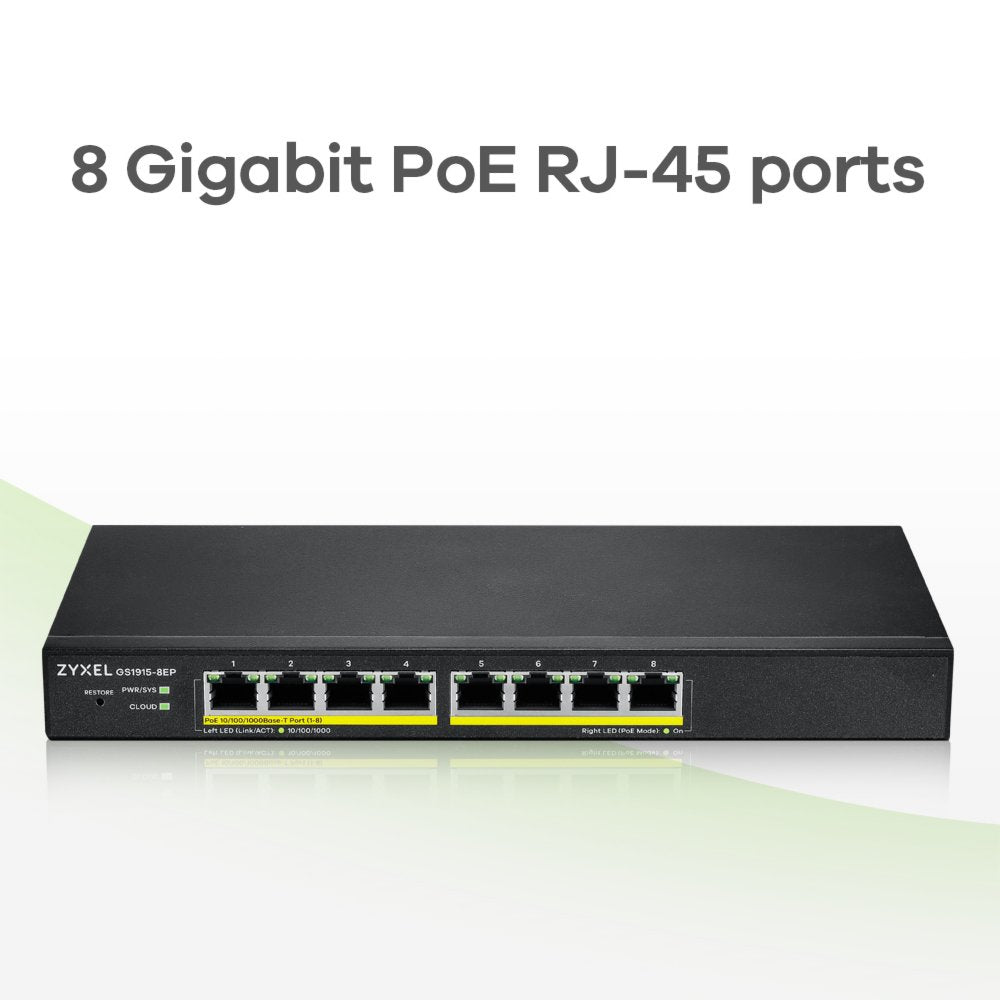Zyxel GS1915-8EP Managed L2 Gigabit PoE+ Switch | 8 Poorten | NebulaFlex | Zwart - Matmuis