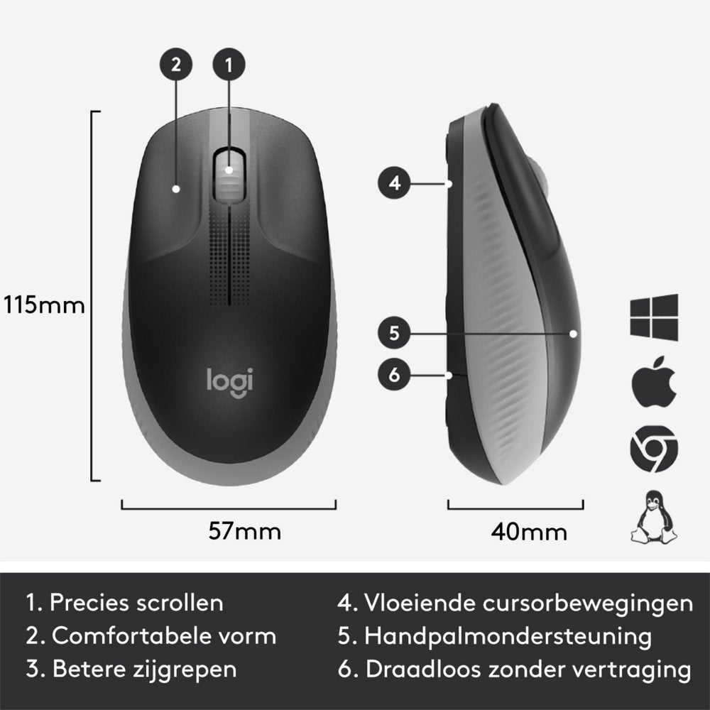 Logitech M190 | Draadloze Muis | Links- en Rechtshandig | RF | 1000 DPI | Grijs - Matmuis - Matmuis