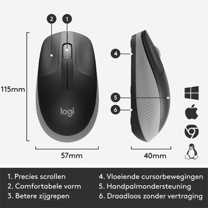 Logitech M190 | Draadloze Muis | Links- en Rechtshandig | RF | 1000 DPI | Grijs - Matmuis - Matmuis