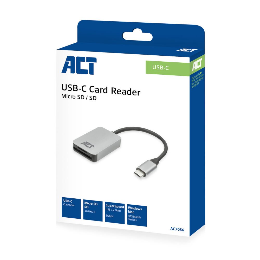 ACT AC7056 | Geheugenkaartlezer | USB 3.2 Gen 1 Type-C | SD/microSD | Grijs - Matmuis