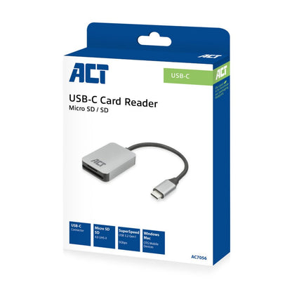 ACT AC7056 | Geheugenkaartlezer | USB 3.2 Gen 1 Type-C | SD/microSD | Grijs - Matmuis